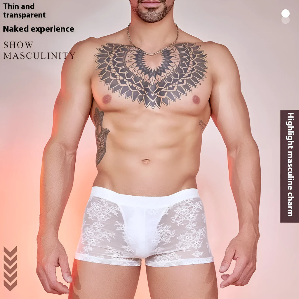 Men's nylon boxer briefs with decorative lace trim panels in black, white, and red colour options
