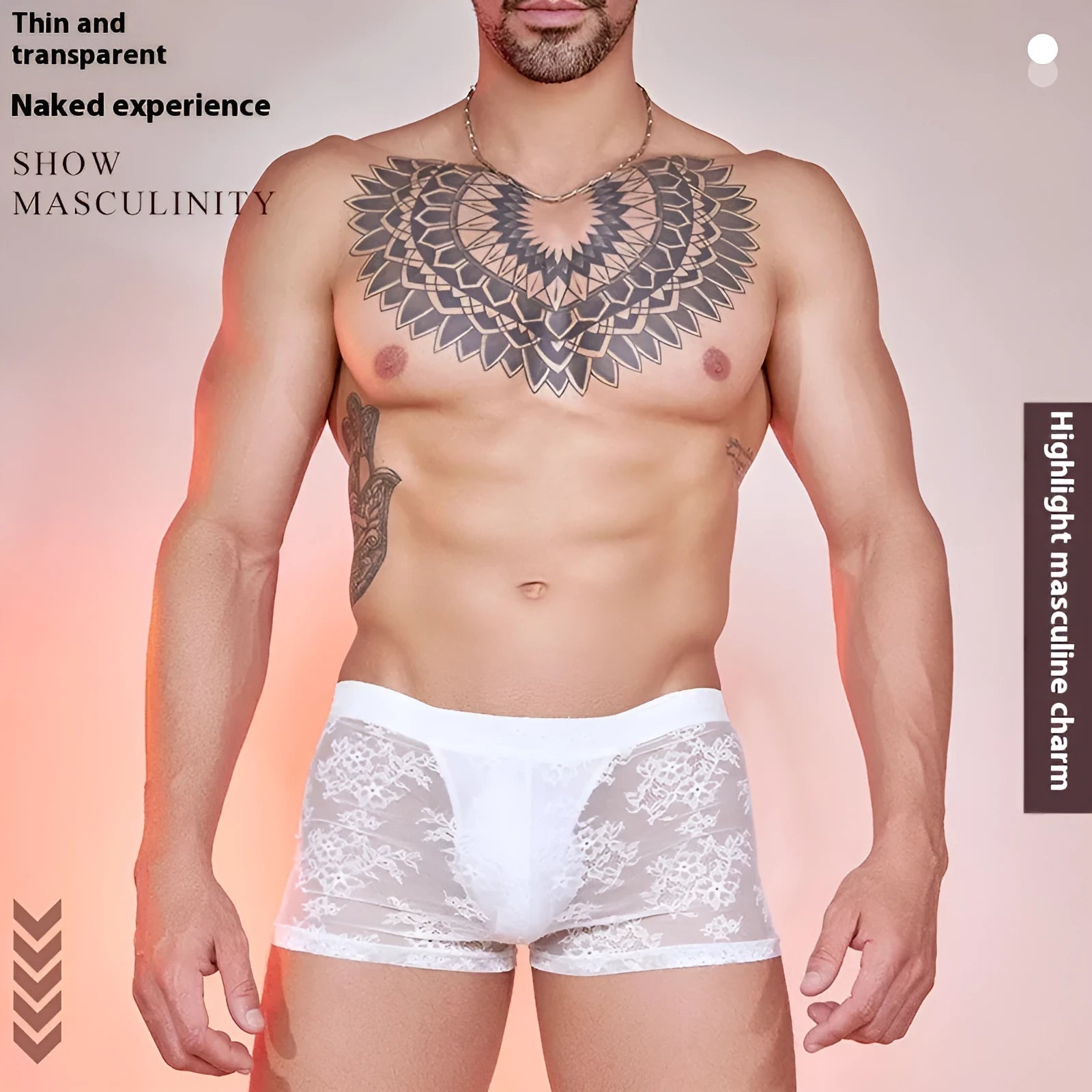 Men's nylon boxer briefs with decorative lace trim panels in black, white, and red colour options