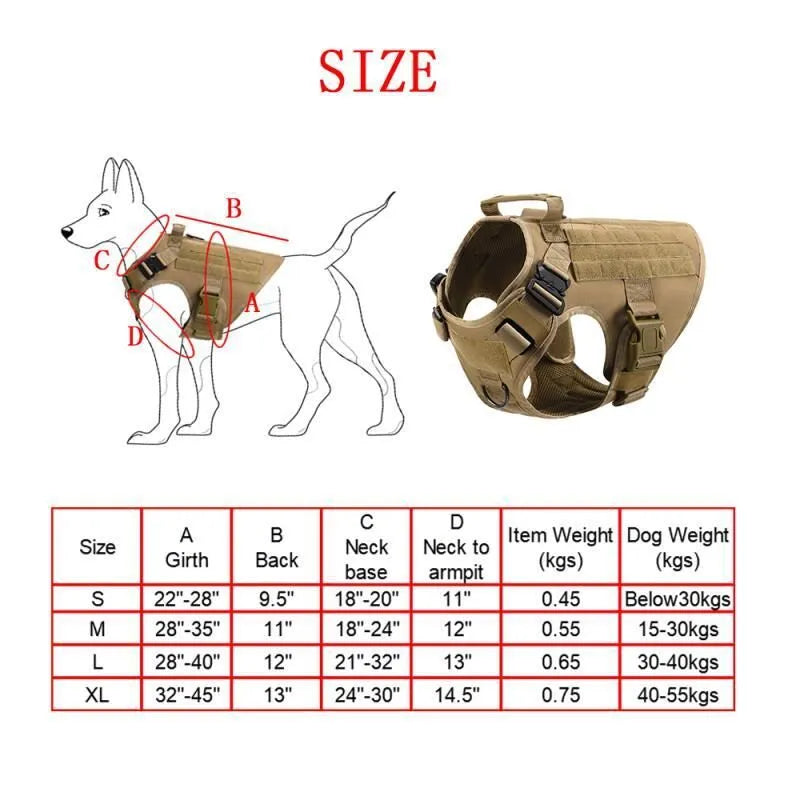 Tactical dog training vest set in polyester with camouflage colours and training accessories