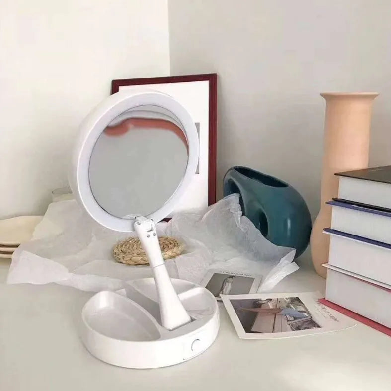 White foldable acrylic vanity mirror with LED lights and double-sided storage compartments
