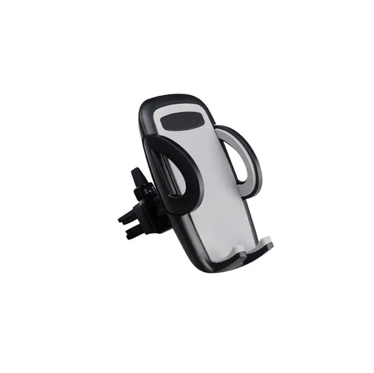 Black universal car air vent mobile phone holder mounted on a car vent, holding a smartphone.