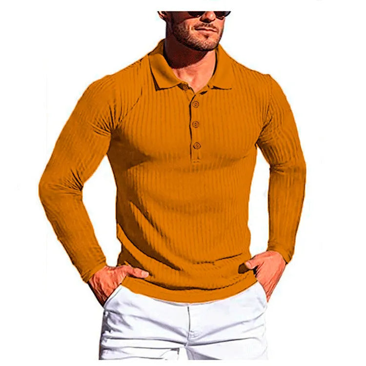 Man wearing a striped short-sleeve t-shirt in army green, showcasing the loose casual fit.