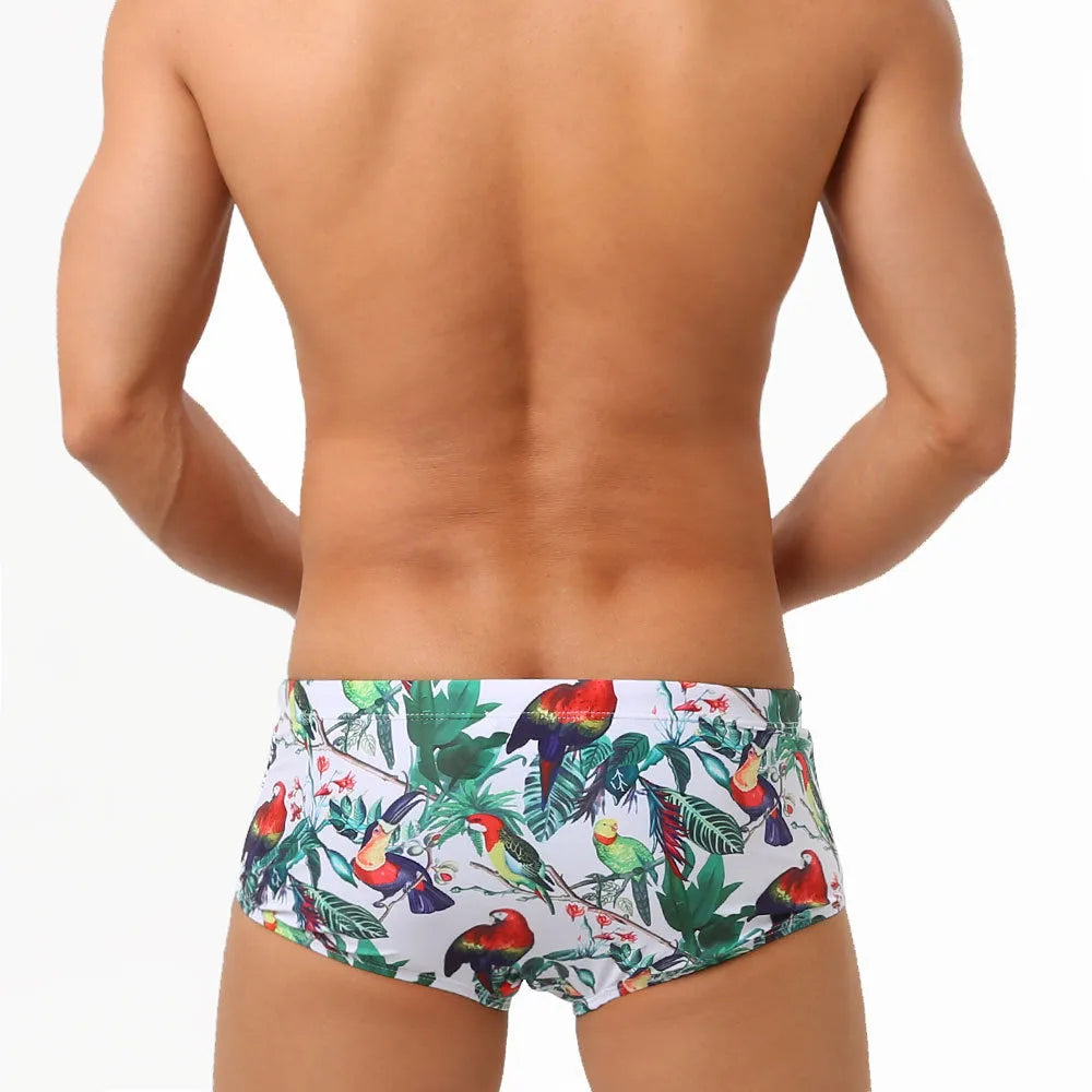Men's nylon swimming trunks with flower-bird print in briefs and boxer styles