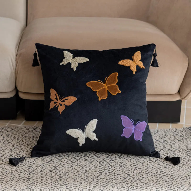 Square beige cushion with black butterfly embroidery in Chinese style