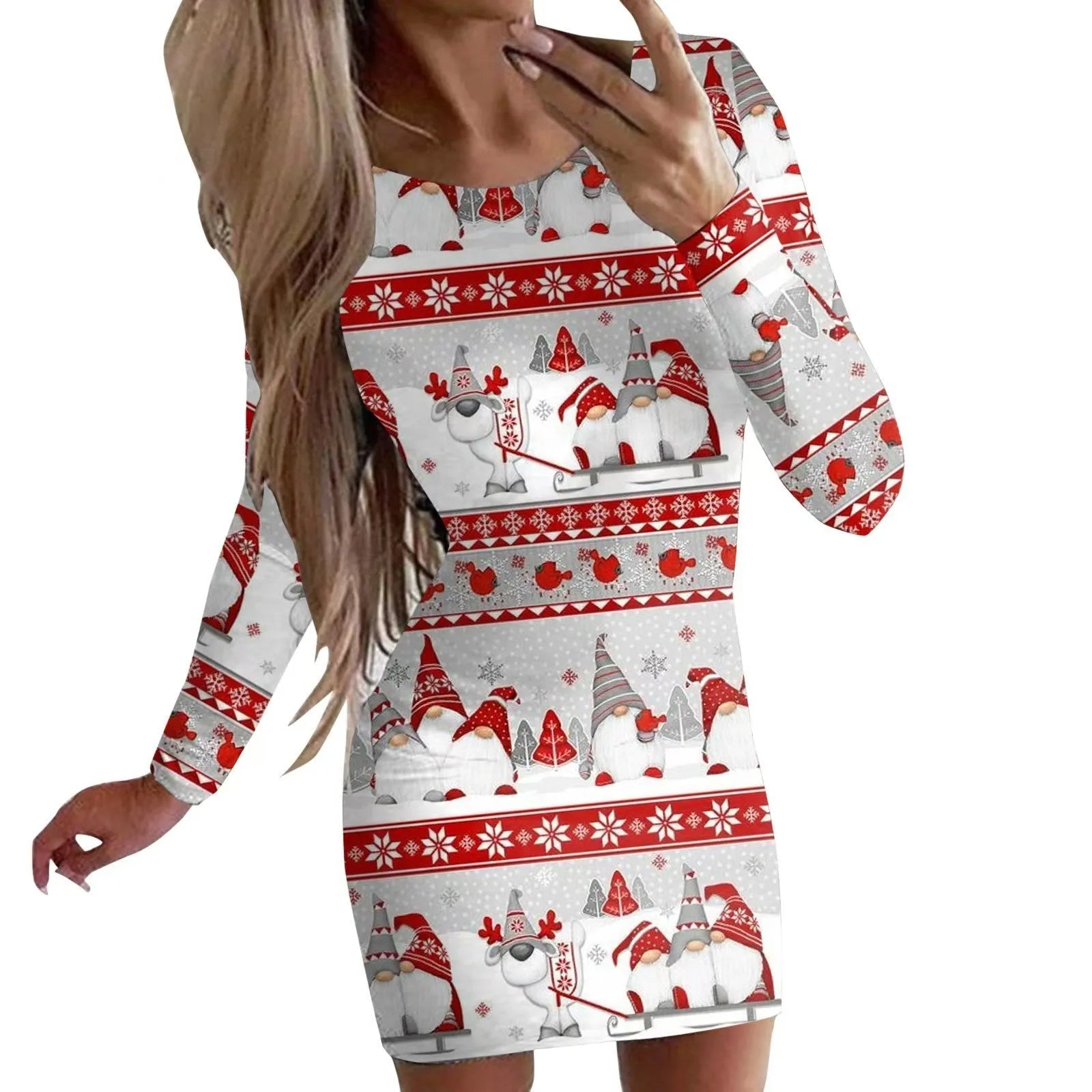 Christmas printed floral pattern dress with round neck and long sleeves in tight fit