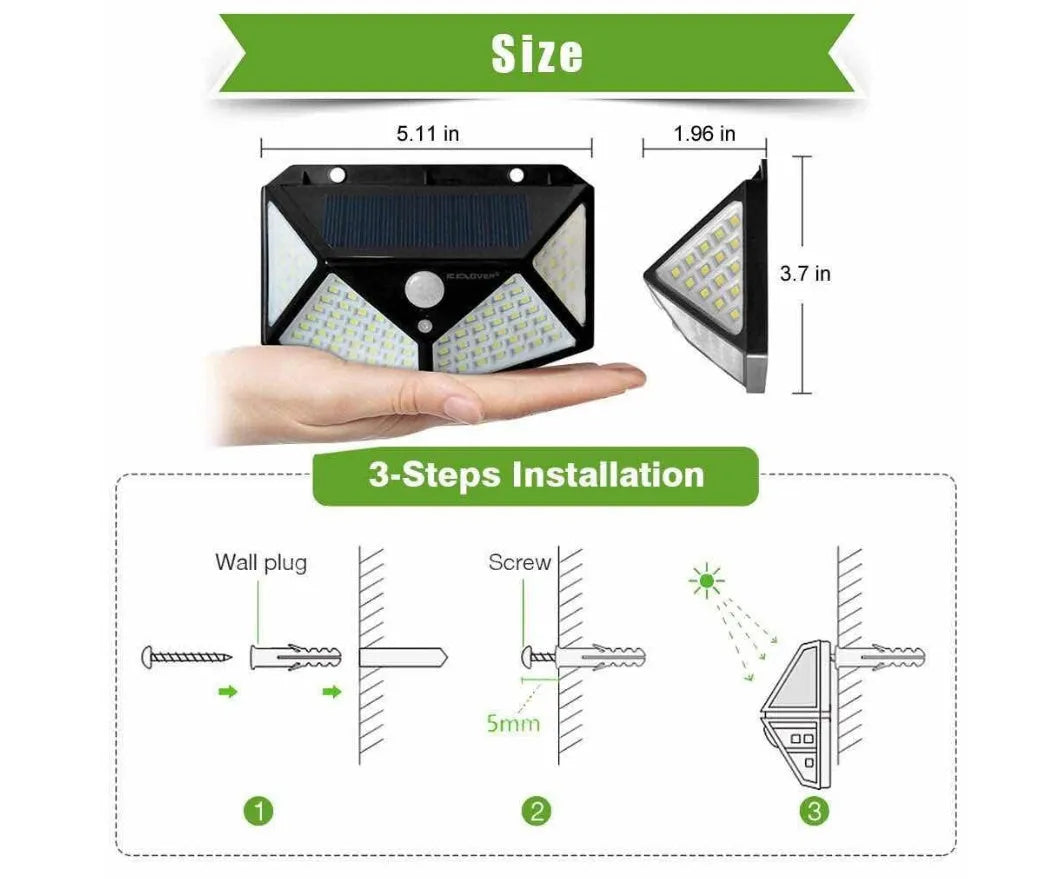 100LED solar PIR motion sensor wall lamp with 2200mAh battery and 120-degree sensor for outdoor courtyard lighting