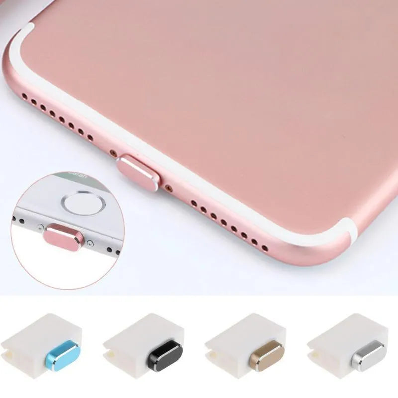 Aluminium alloy dust plug for iPhone charging port in various colours including gold, silver, blue, and rose gold.