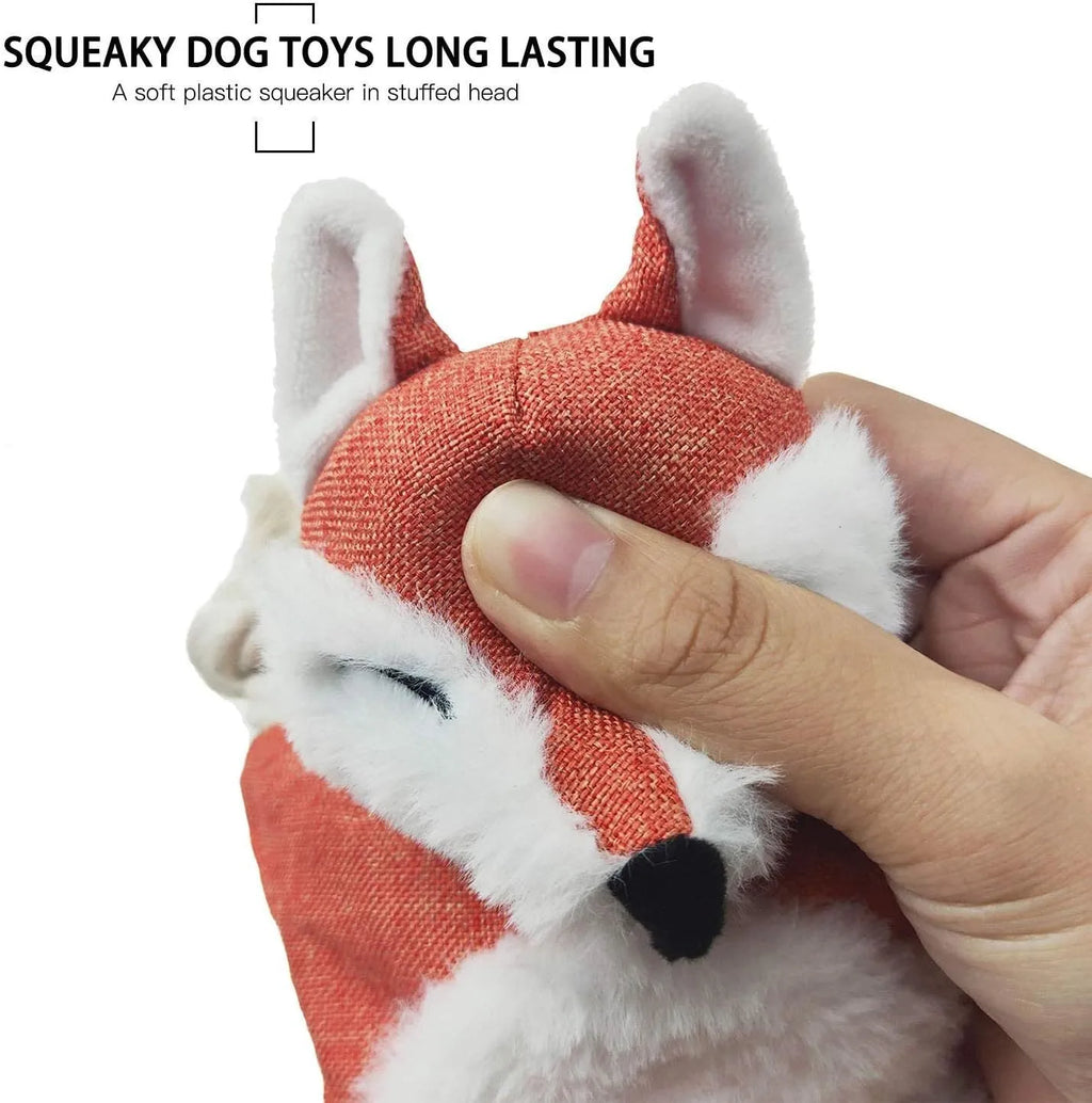 Brown fox-shaped dog toy with embroidered eyes, cotton rope through arms and legs
