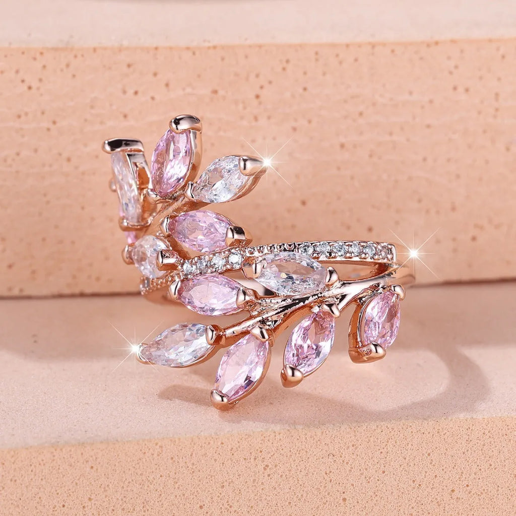 Adjustable copper leaf ring with zircon stones in multiple colour finishes including platinum white and rose gold