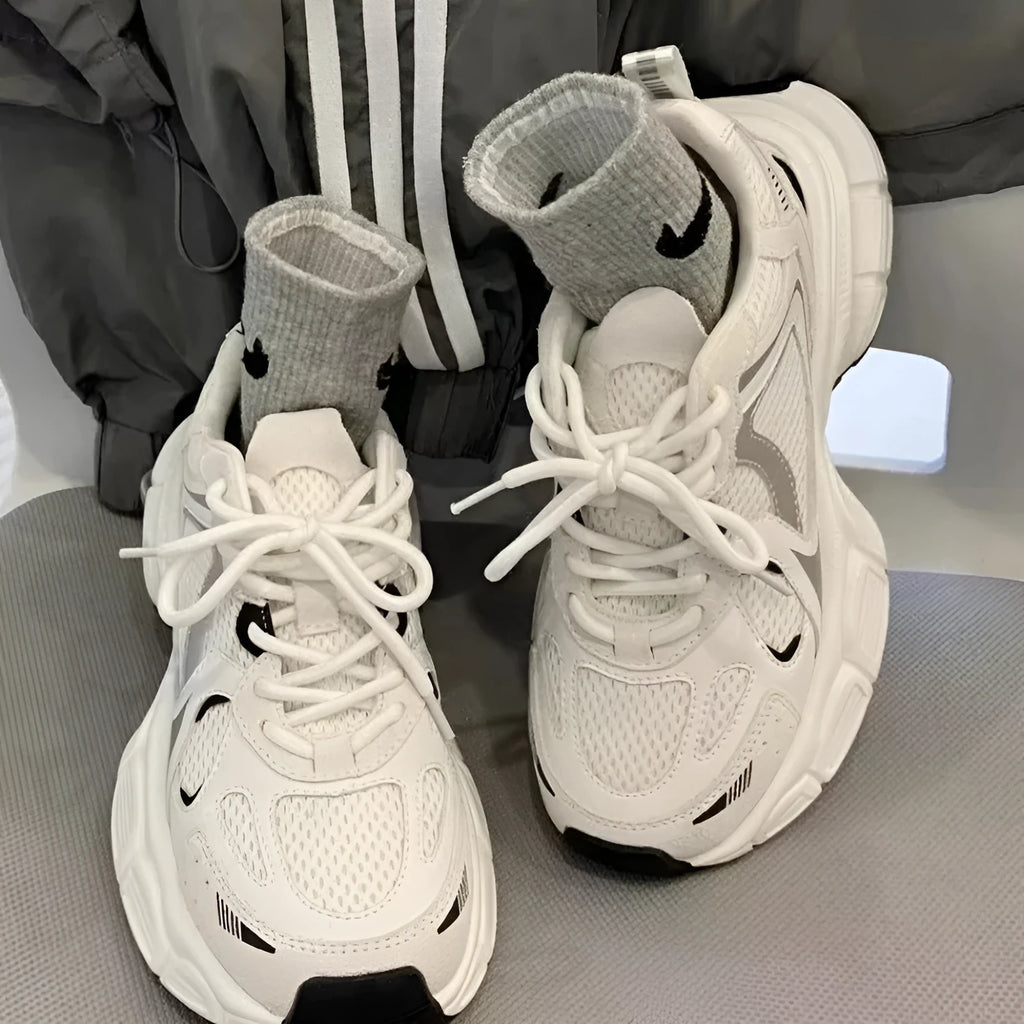 Beige platform mesh sports shoes with wedge heel and front lace-up design