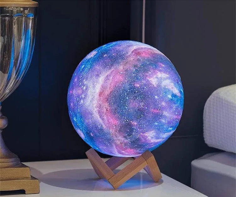 3D printed moon lamp with USB charging and remote control showing 16 colour options, PVC shade, 12-20cm sizes