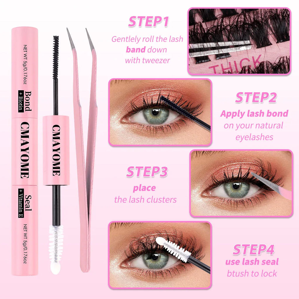 DIY false eyelash extension kit with single cluster chemical fibre lashes and tweezers