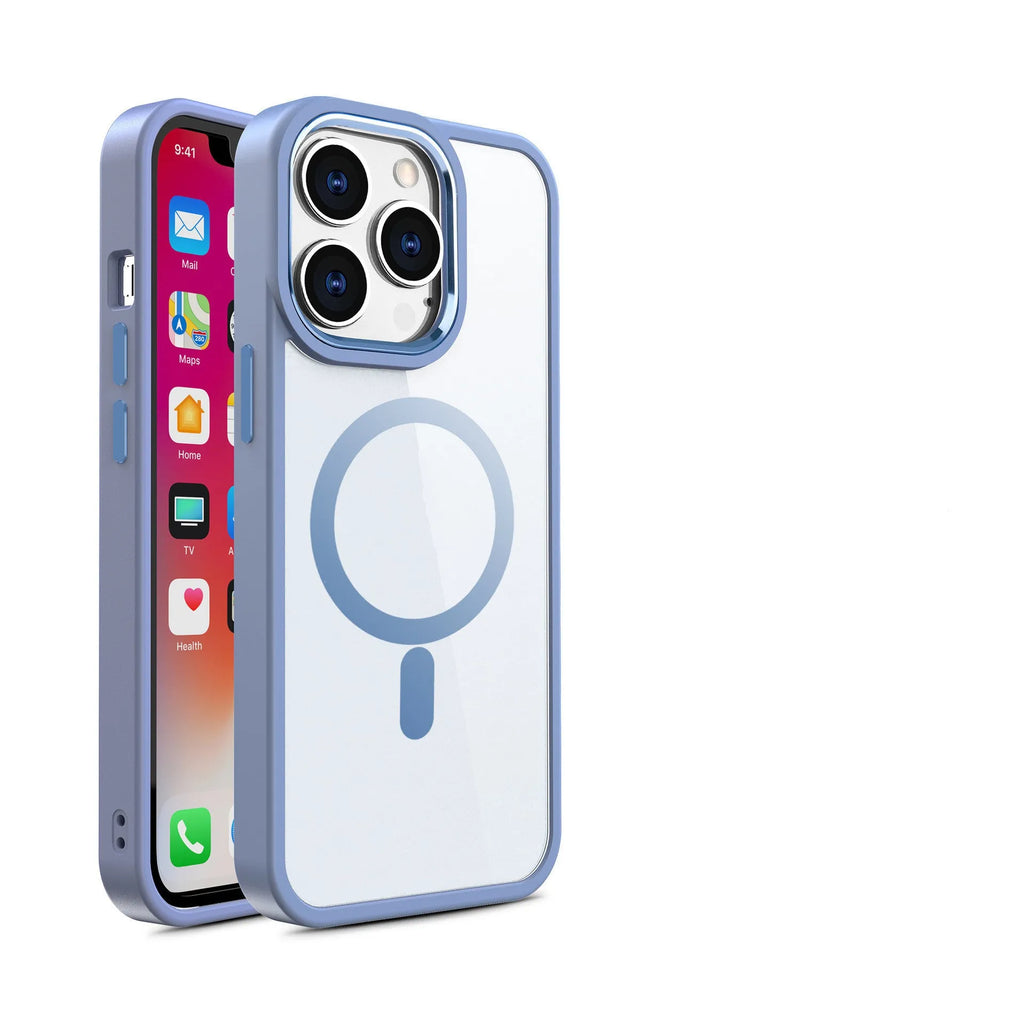 Magnetic transparent silicone phone case for iPhone on a magnetic car mount, shown in a plum red colour.