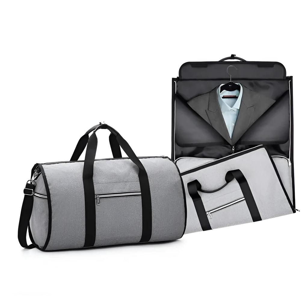 Cylinder-shaped travel bag in Oxford cloth, shown in one of four colours: black, blue, light grey, or red.