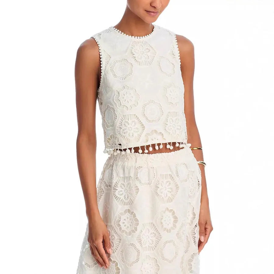 White women's polyester two-piece suit with embroidered retro art design, featuring sleeveless top and long skirt