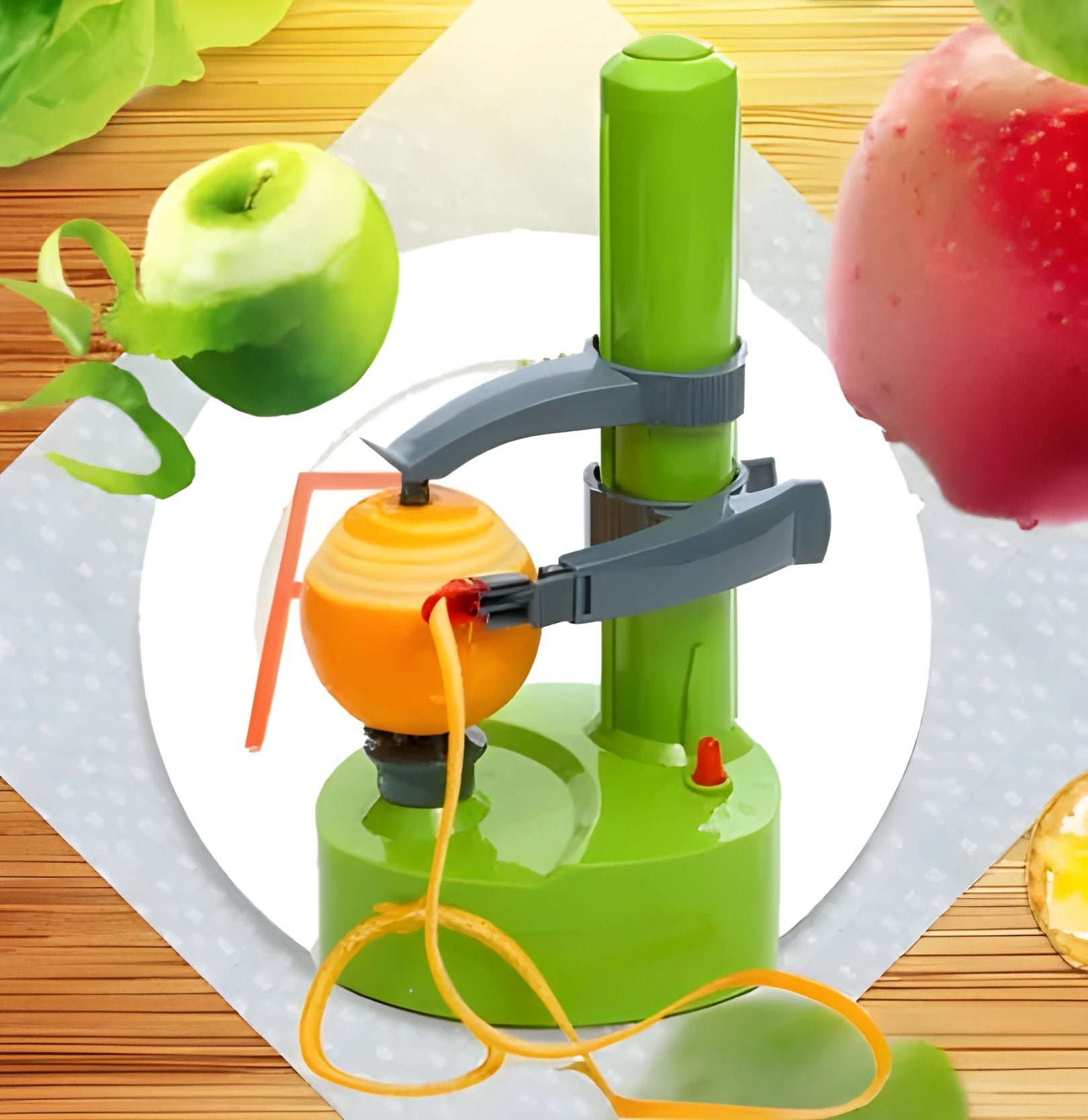 Multifunction electric peeler with stainless steel blades, white body, and non-slip base on a kitchen worktop