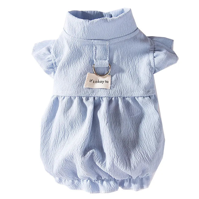 Solid colour polyester flying sleeve dress for small dog in Bondi Blue with cloth label