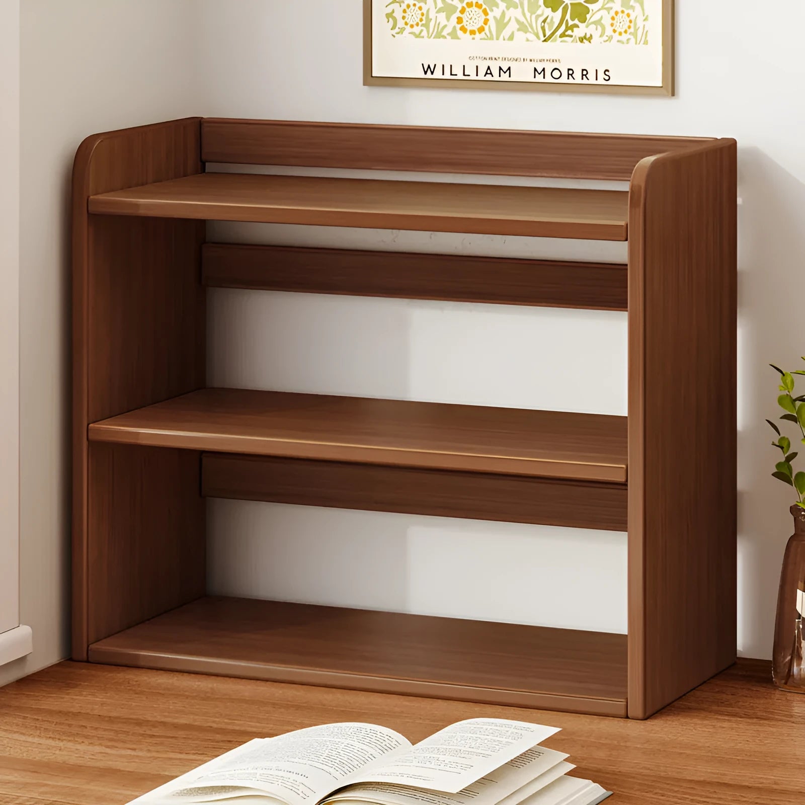 Desktop bookshelf three-layer 50cm density board dark walnut colour on desk with books