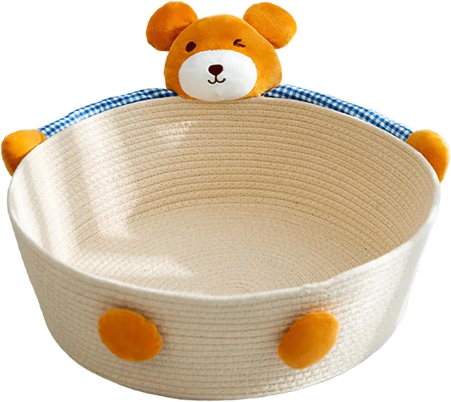 Woven cotton rope cat bed basket with integrated scratching pad for indoor cats, shown in Bear and Rabbit styles.