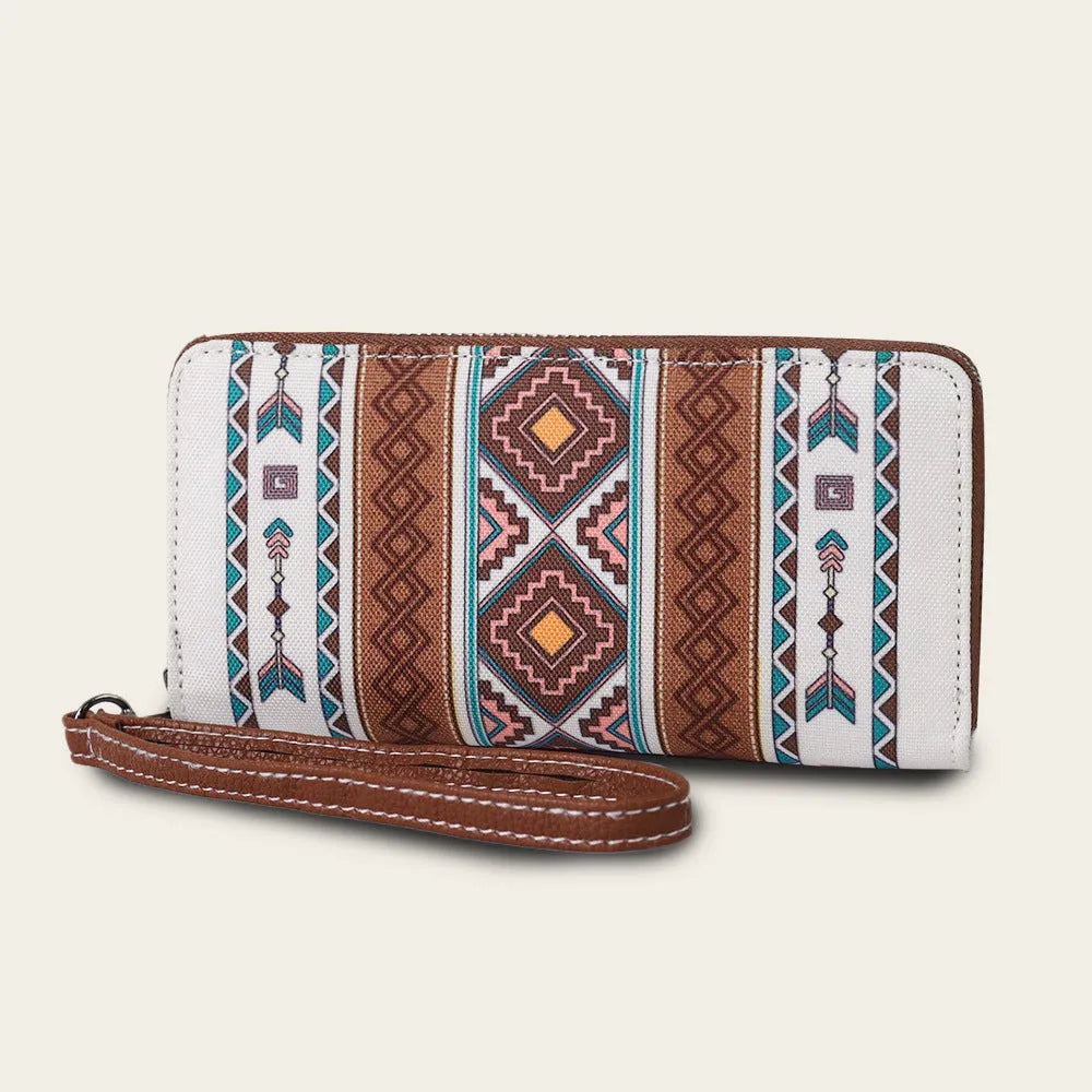 Bohemian stripe pattern RFID blocking canvas wallet in beige, black and red, blue and khaki colours
