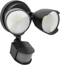White LED security flood light with PIR motion sensor mounted on an outdoor wall.
