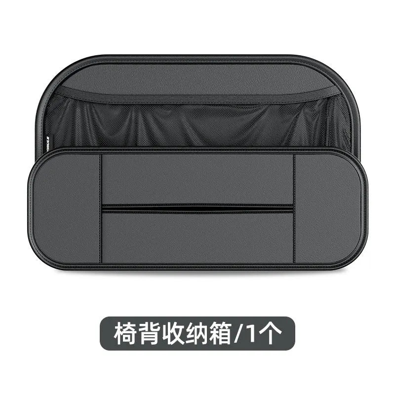 Black leather car seat back storage bag with organisable pockets for vehicle use.