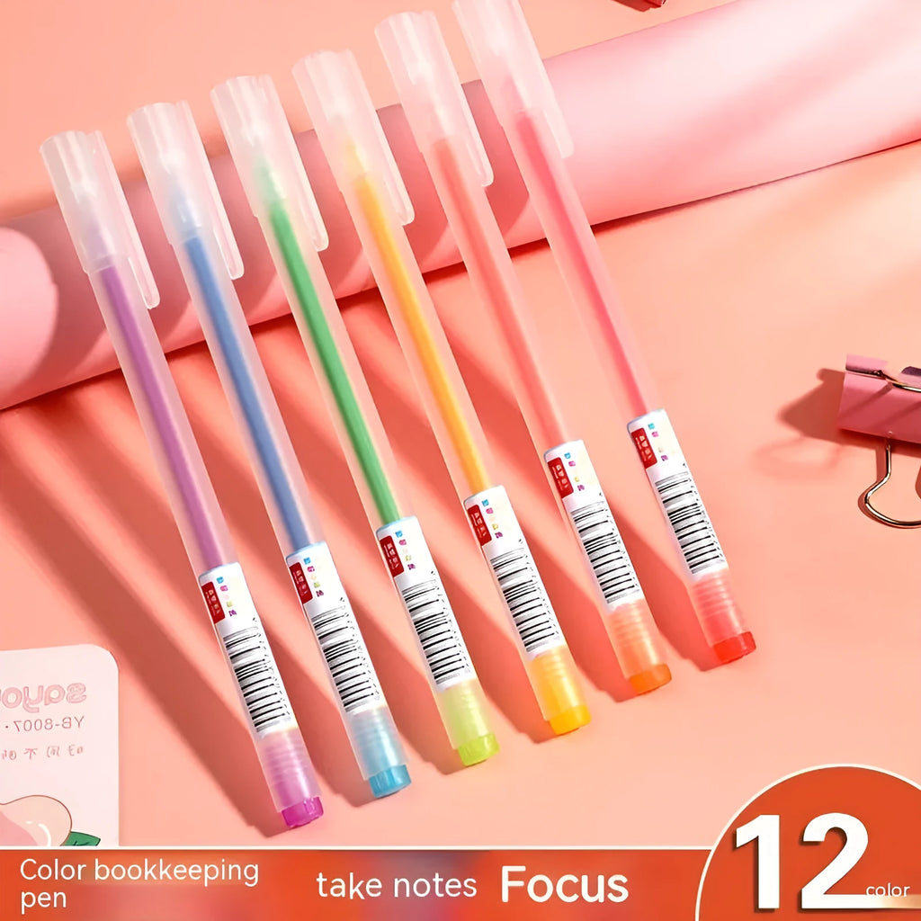 Set of twelve assorted colour gel pens with 0.5mm tips and plastic shells.