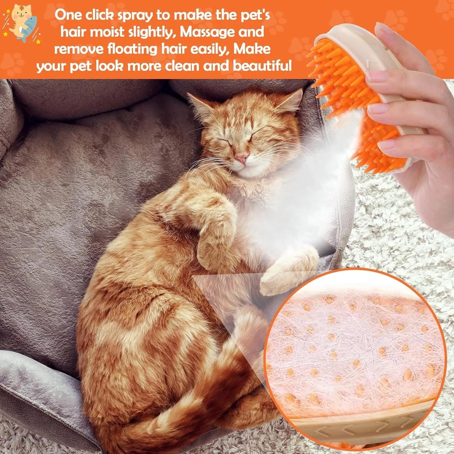 Yellow 4-in-1 cat steam brush with silicone teeth, water tank, and UV ringworm detector lamp