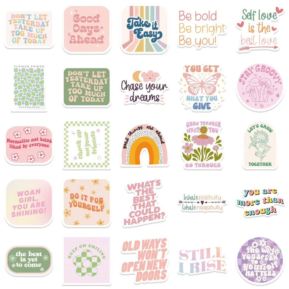 Self-adhesive motivational statement stickers in Danish pink graffiti colour with cartoon patterns, 4-6cm, pack of 50.