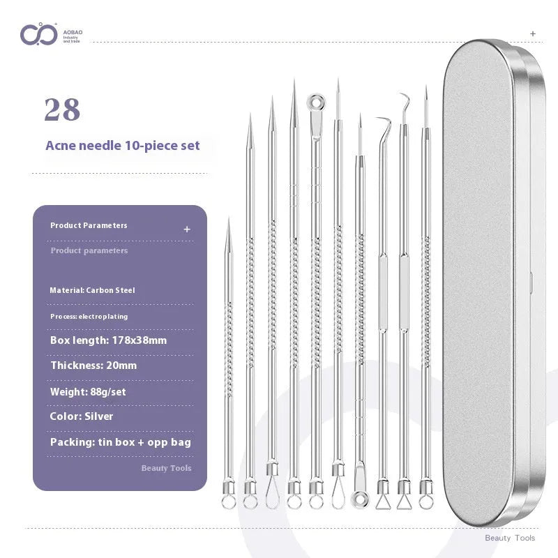 Four silver metal acne needles with fine pointed tips laid out on a flat surface.