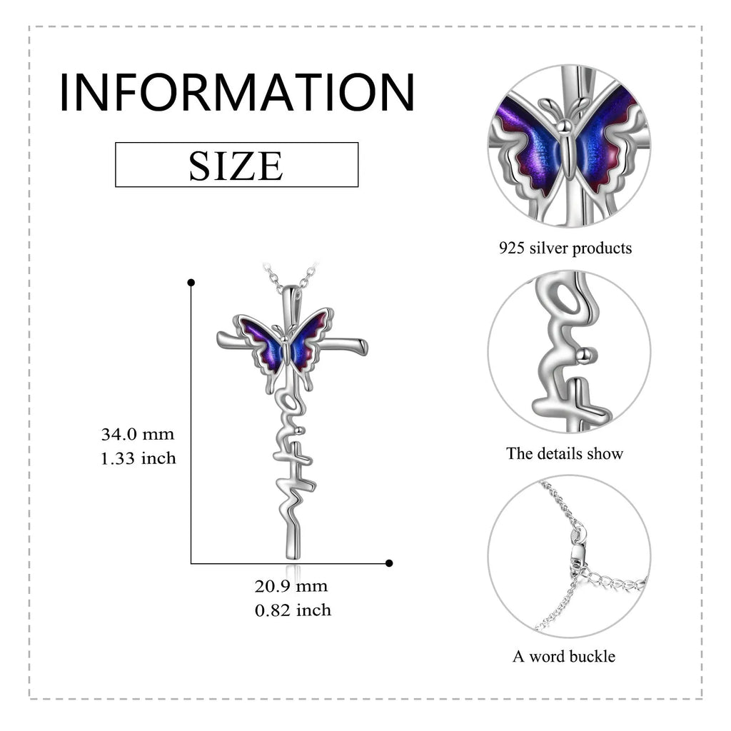 Sterling silver butterfly cross pendant necklace on white gold plated cable chain