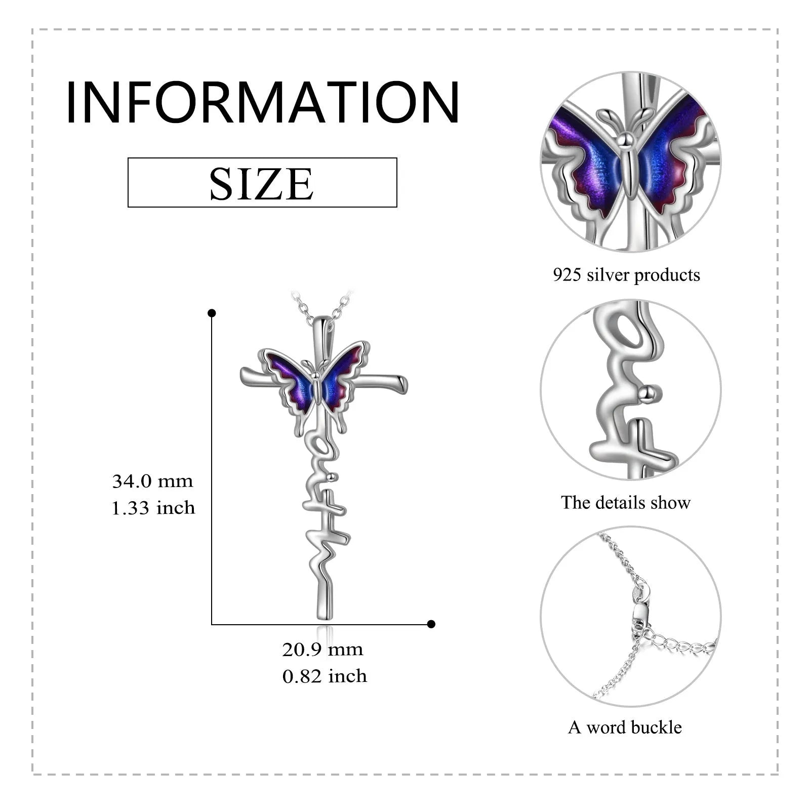 Sterling silver butterfly cross pendant necklace on white gold plated cable chain