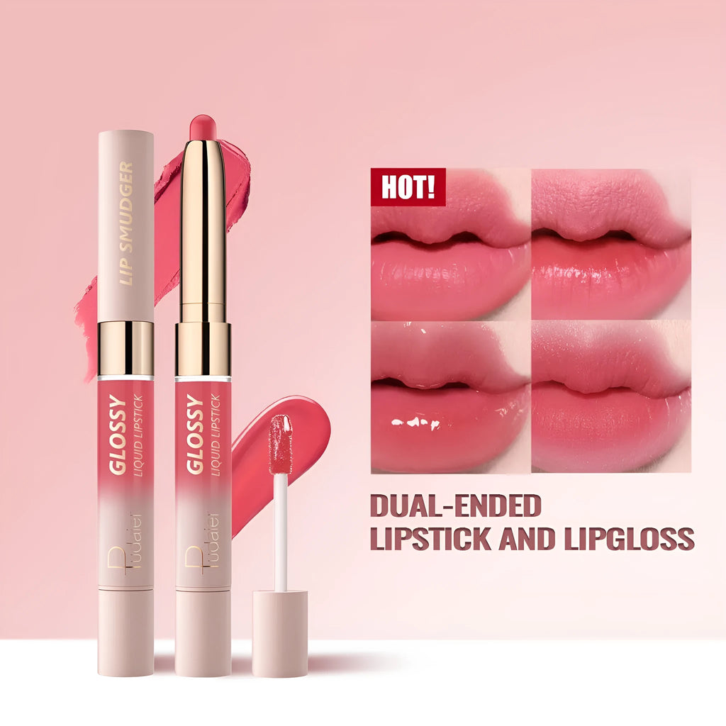 Double-headed lipstick lip gloss showing two matte colour ends with ten shade options from 01 to 10
