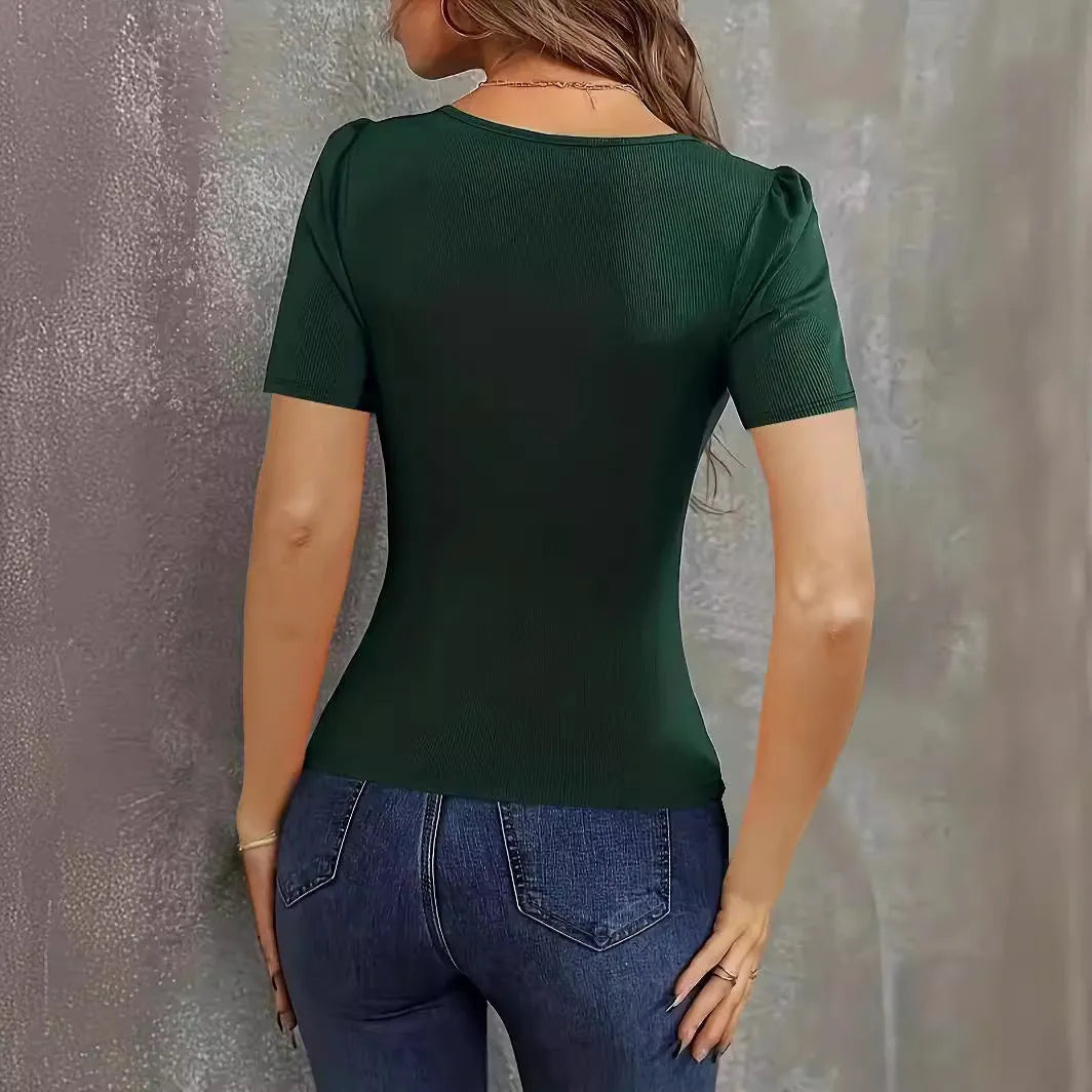 Women's low neck slim fit knitted short sleeve pullover in wine red colour