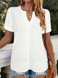White women's V-neck short sleeve T-shirt with hollow-out detail in a loose fit