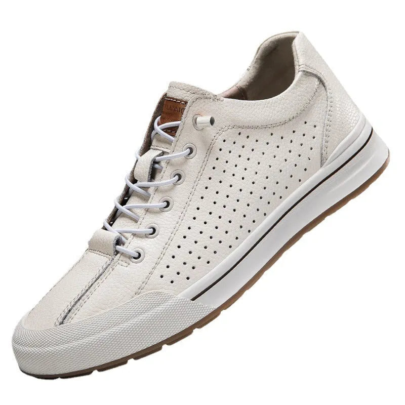 Men's white round toe matte leather casual shoes with flat heel on a plain background.