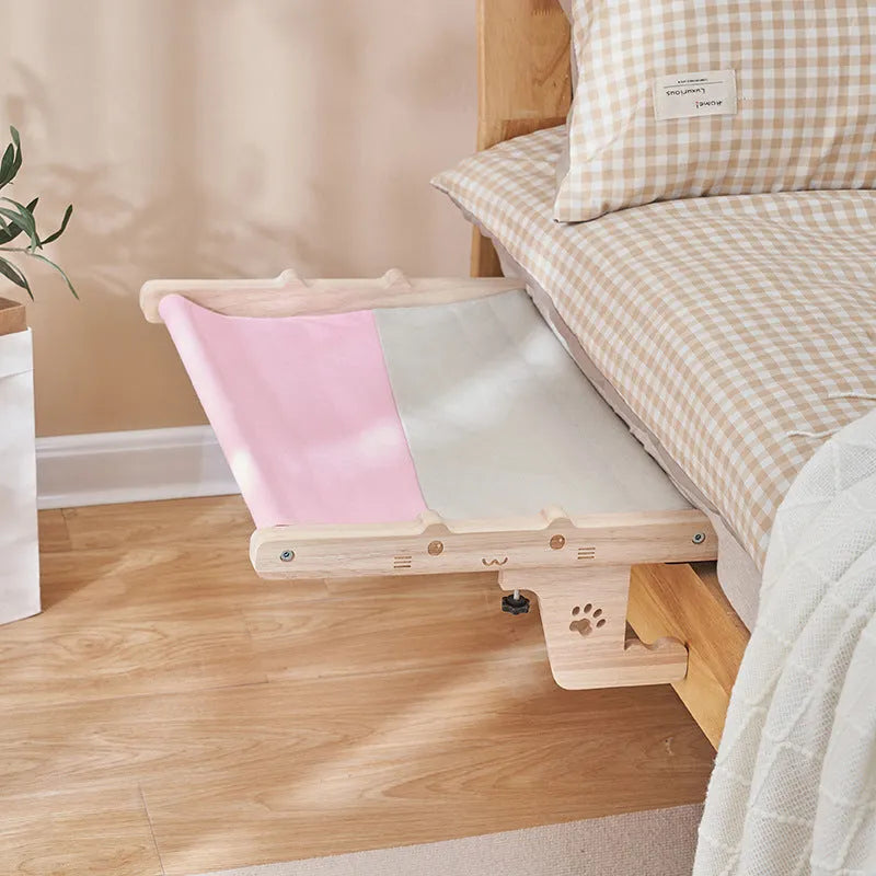 Wooden cat hanging bed mounted to window with seven style variations for balcony or bedside use