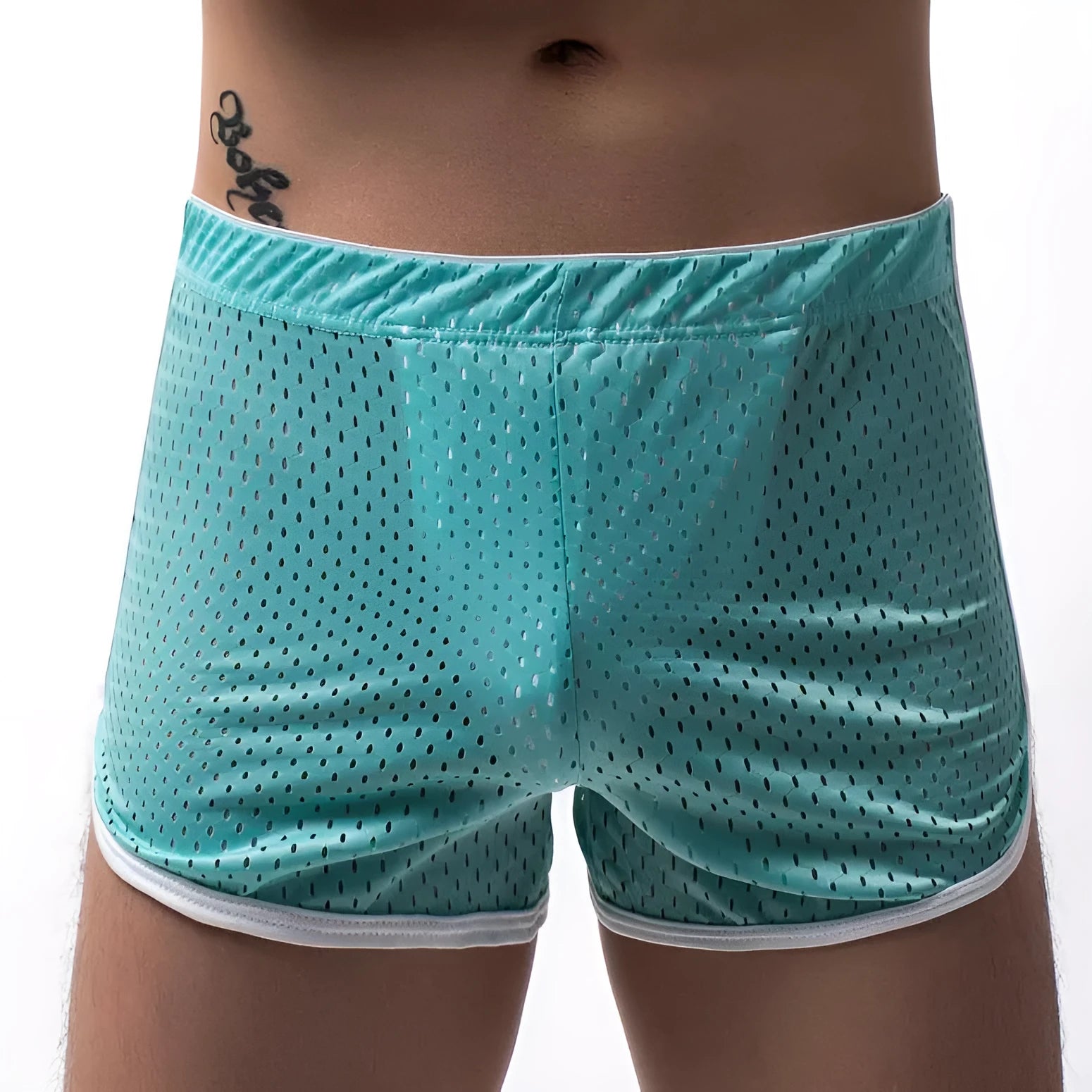 Men's cotton three-point fly boxer shorts in black, grey, dark blue, light blue, and white.