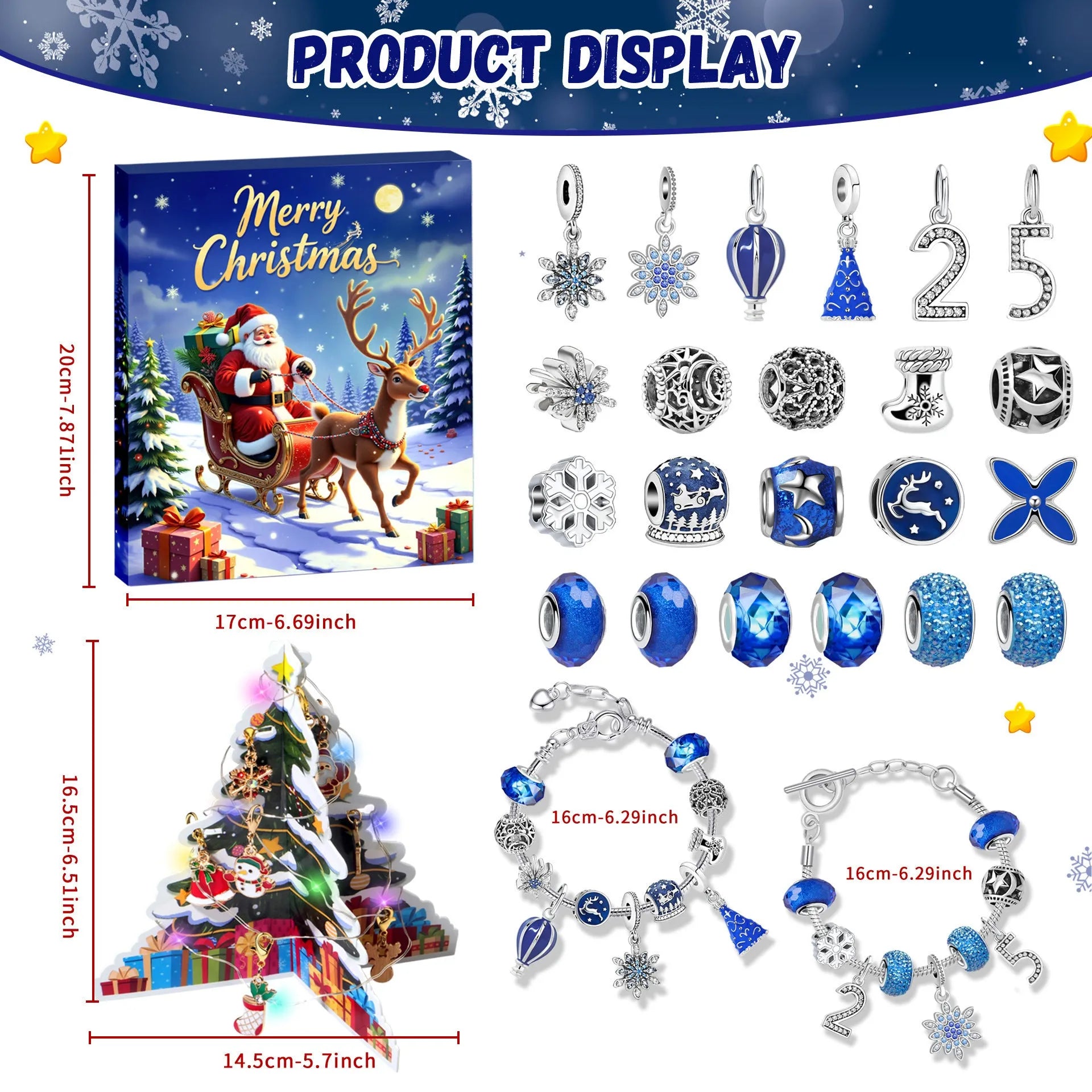 24 grid Christmas advent calendar countdown set with zinc alloy frame electroplated finish and bracelet blind box in flip vertical blue