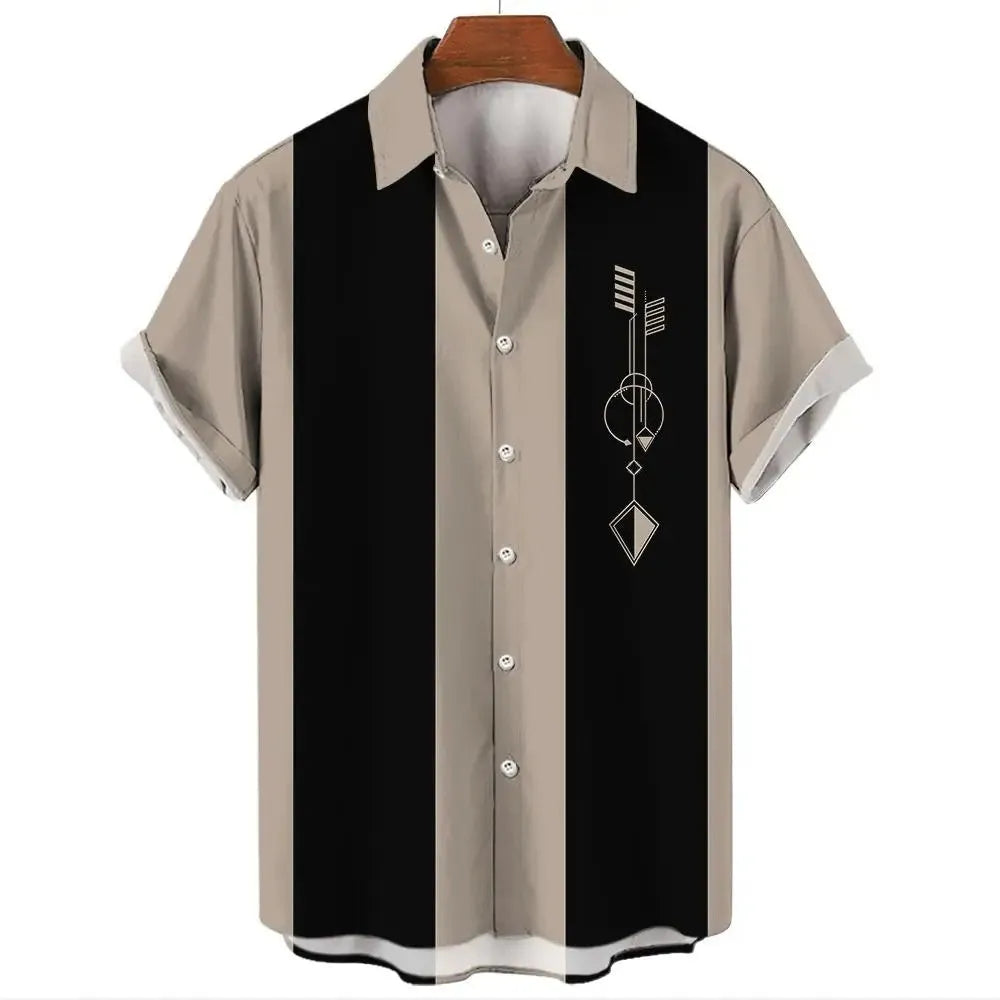 Man wearing a blue and white striped Hawaiian style short sleeve button-down shirt.