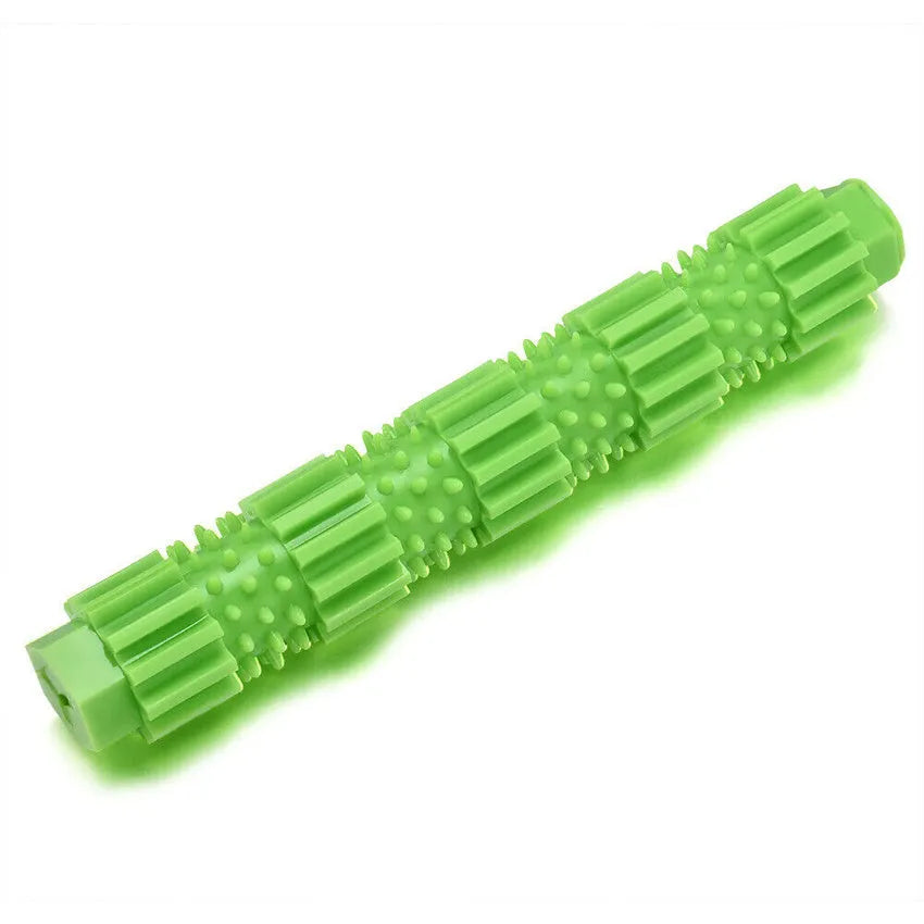 Green natural rubber dog chew toy with treat holes and squeaker for aggressive chewers