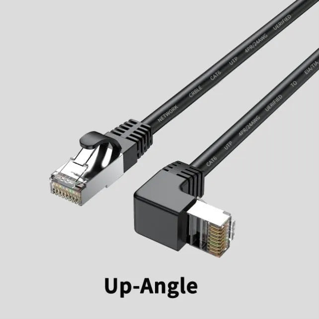 Cat6 Ethernet cable with right-angled metal RJ45 connectors in various colours including black, white, orange, and yellow.