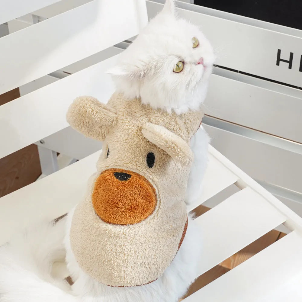 Fleece-lined cream polyester dog coat with bear ears on a small pet, available in sizes XXS to XL for 1-12kg dogs