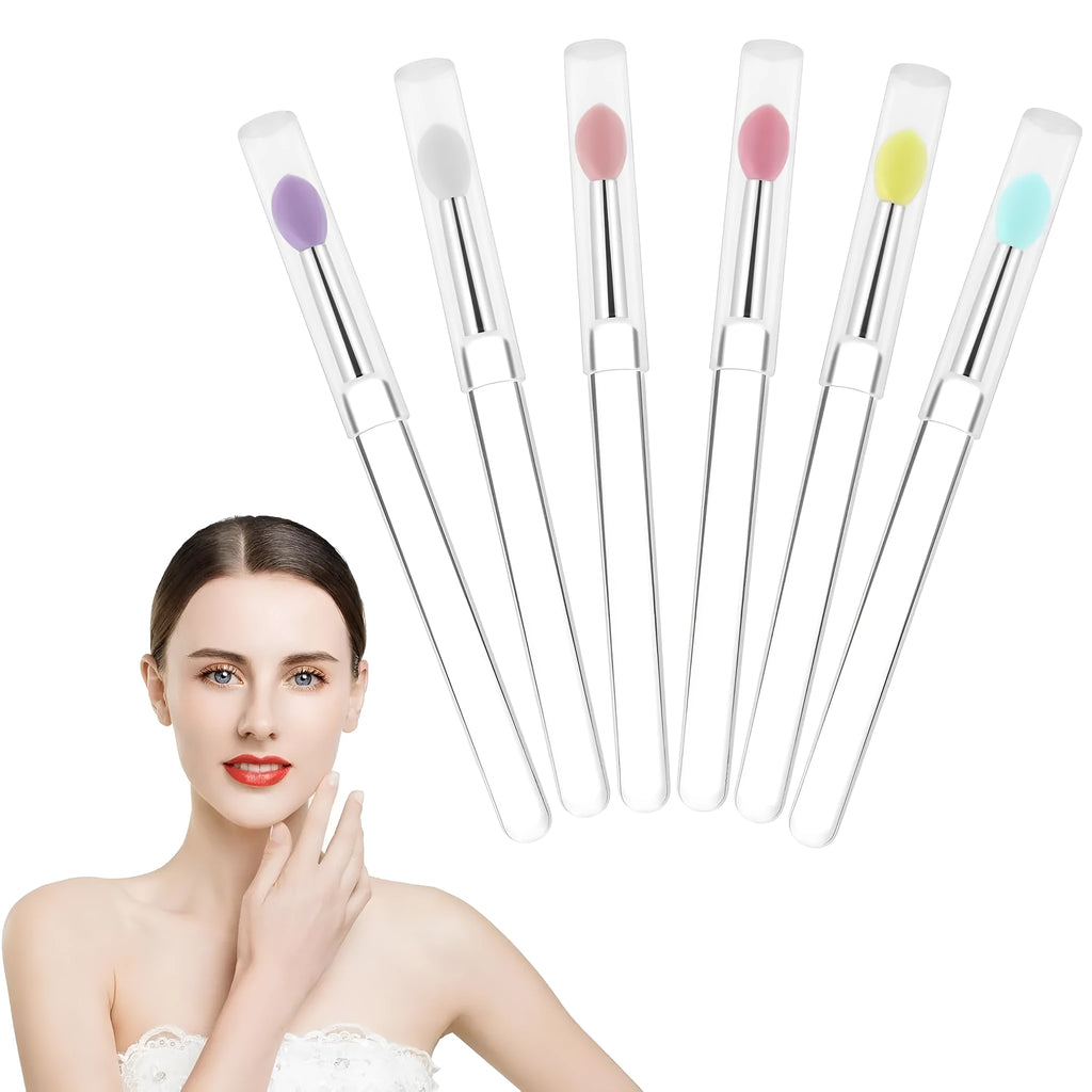 Set of reusable silicone lip brushes with caps in blue, pink, purple, red, rose red, skin colour, white, and yellow.