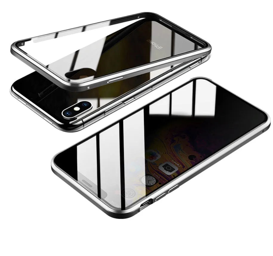 Black glass anti-spy clamshell privacy case for iPhone, shown open and closed.