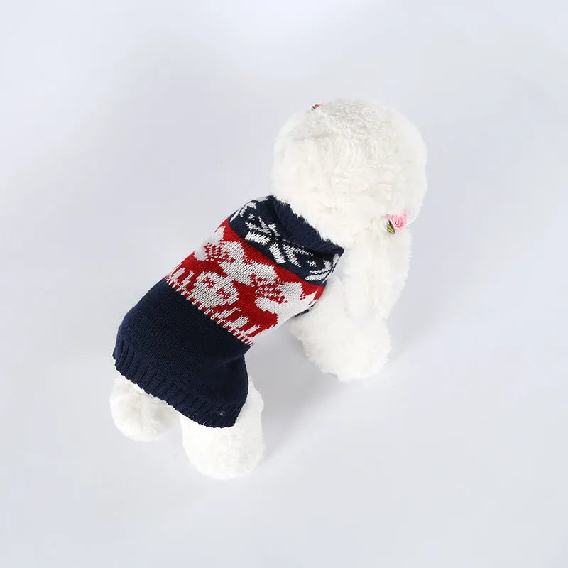 Navy blue knitted Christmas sweater for dogs on mannequin showing European style design