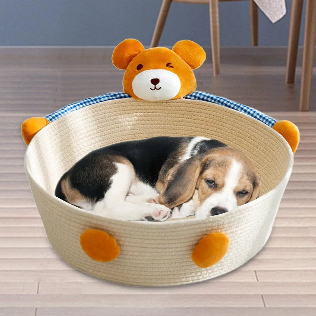 Woven cotton rope cat bed basket with integrated scratching pad for indoor cats, shown in Bear and Rabbit styles.