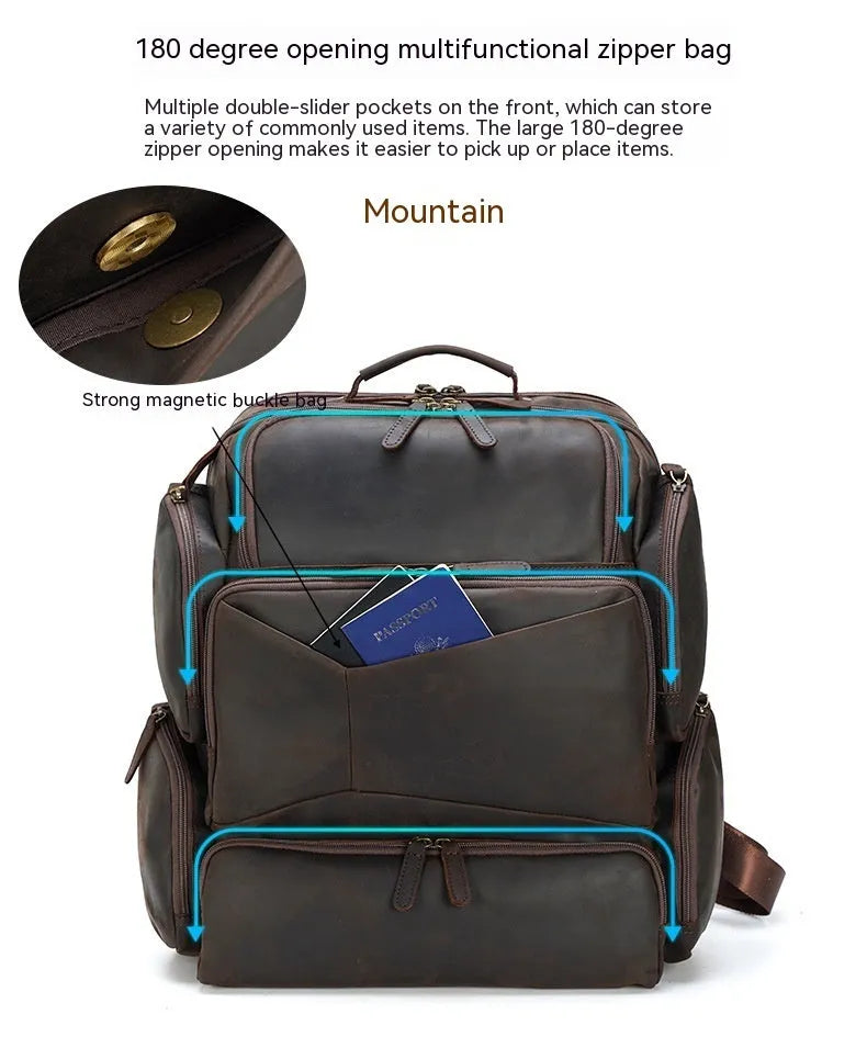 Dark brown Retro Crazy Horse leather backpack for a 17-inch laptop, showing embossed details and double straps.
