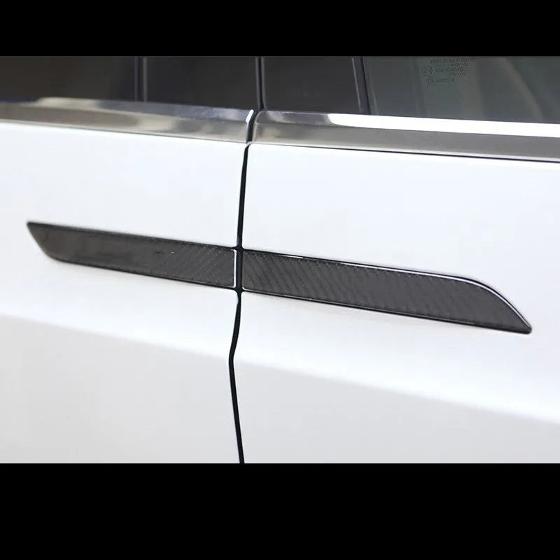 Set of four plain carbon fibre adhesive protection stickers for Tesla Model S door handles.