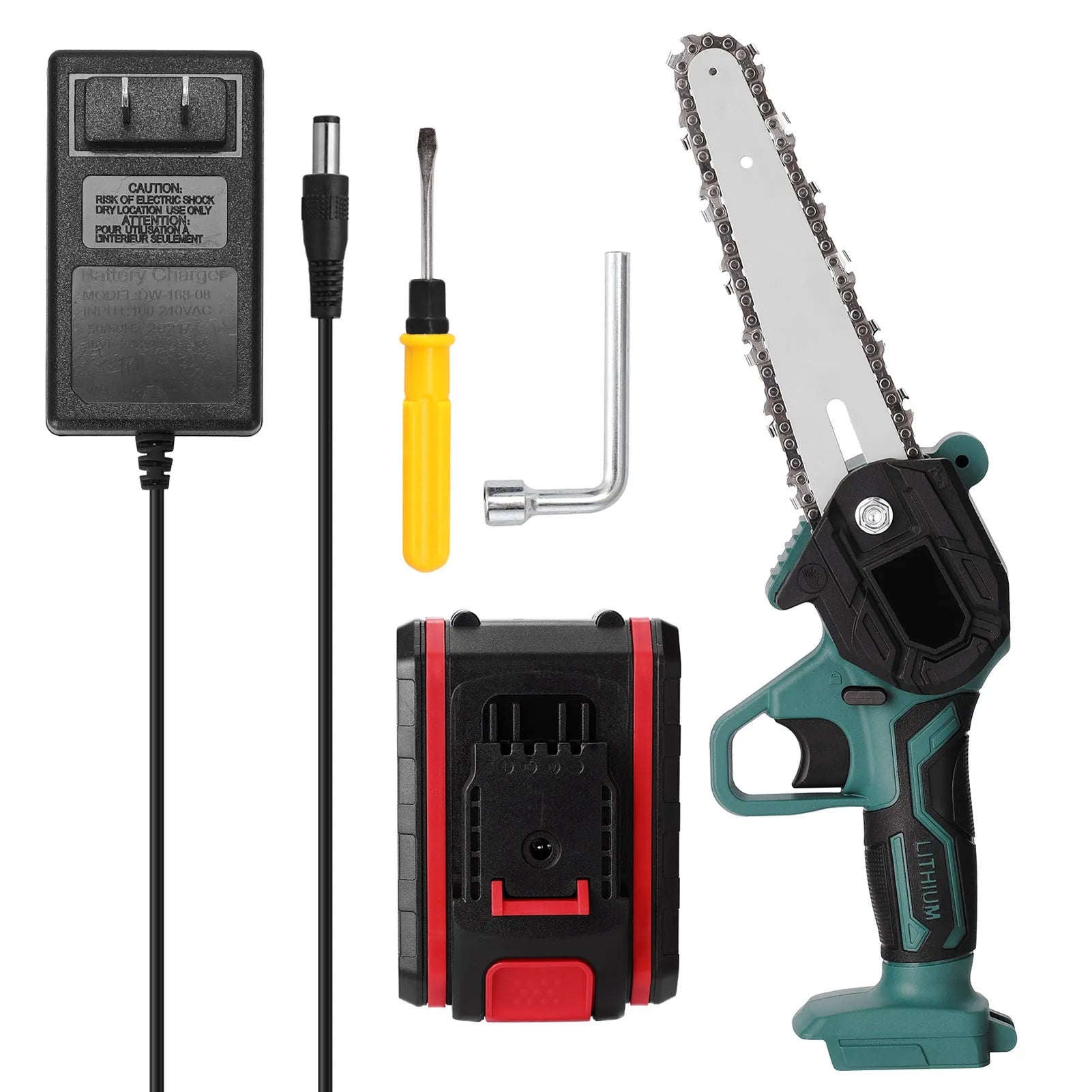 Black mini electric chainsaw held in one hand, showing 4-inch guide bar and compact body.
